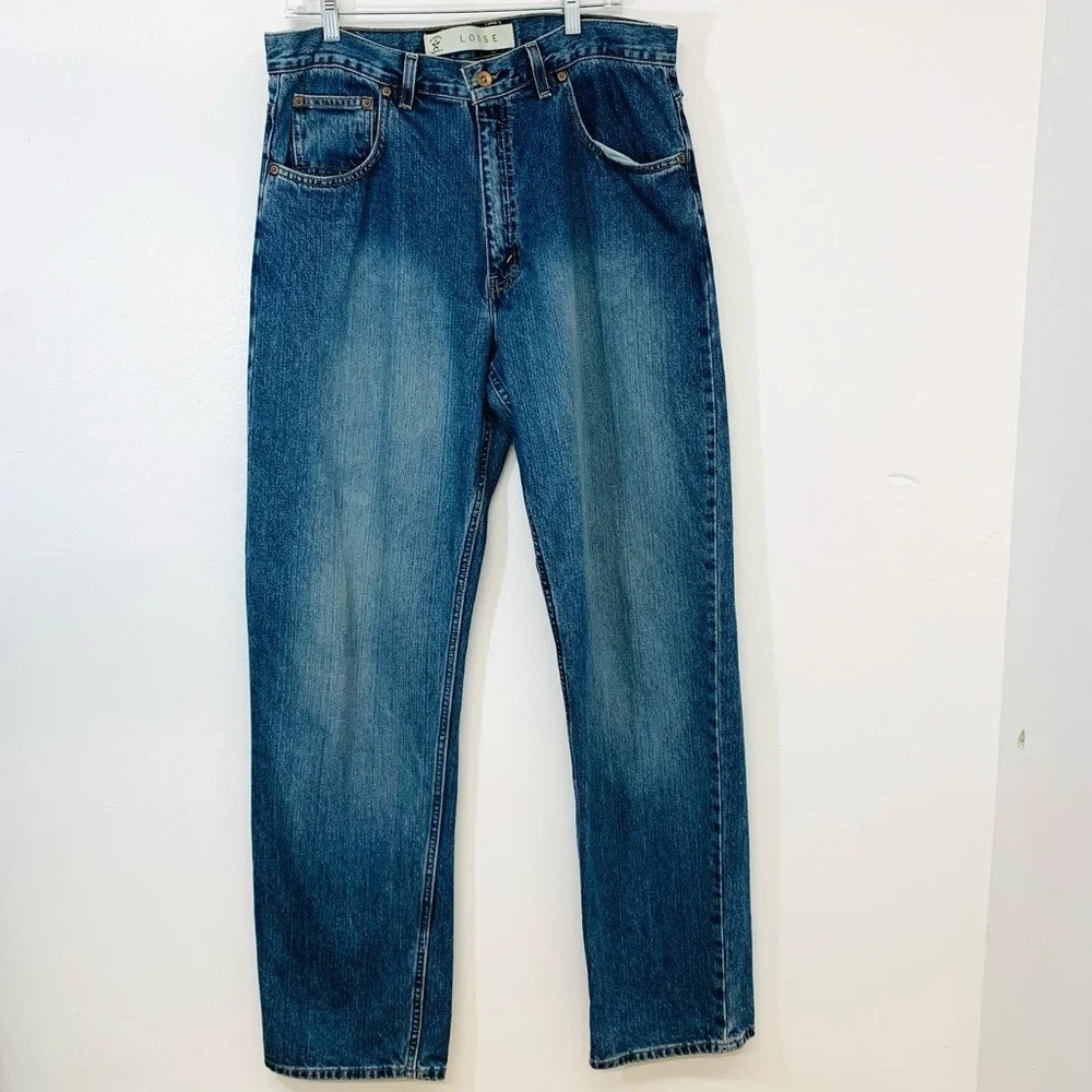 Arizona Y2K Loose Baggy Jeans Men 36x35 Skater 100% Cotton Blue Faded High Waist